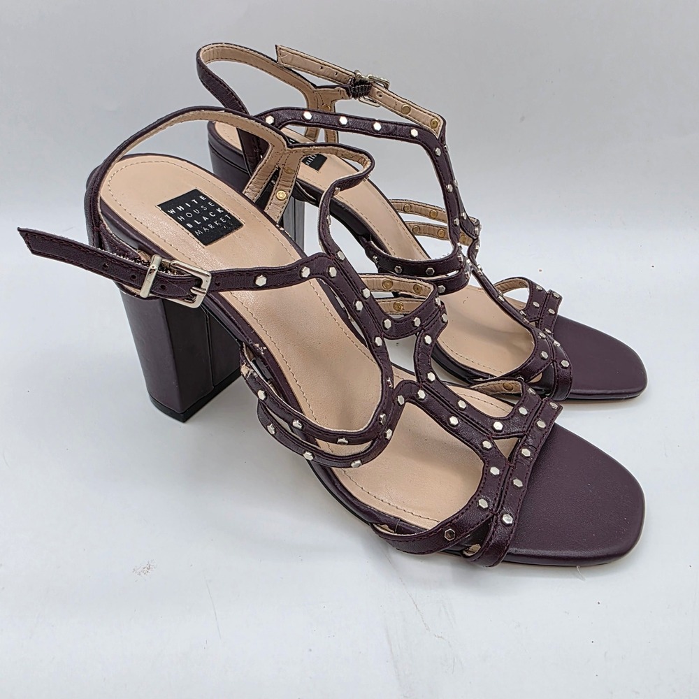 White House Black Market Polly Heel Burgundy‎ Studded Strappy Block Sandal 7M